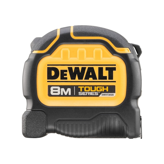 A DEWALT Tough Series 8 meter tape measure with a sturdy black and yellow casing, designed for durability.