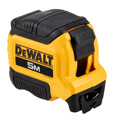 A DEWALT 5 meter yellow and black measuring tape with a rugged casing, designed for durability.