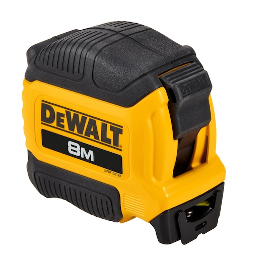 Close-up view of a DEWALT 8 meter tape measure, featuring a yellow and black casing and labeled DWHT38128.