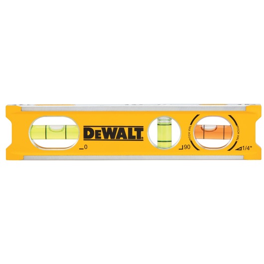 Front view of a yellow DEWALT spirit level with three bubble vials for measuring horizontal, vertical, and pitch angles. The DEWALT logo is printed in black on the center.