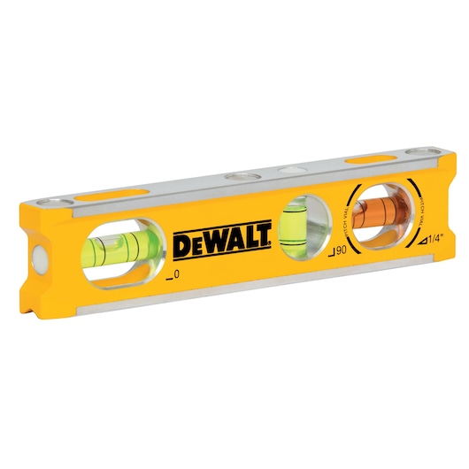 A yellow DEWALT spirit level with three bubble vials. The level has clear viewing windows for each vial and is designed for accurate measurements in construction or carpentry tasks.