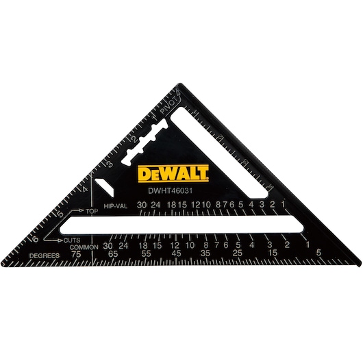 A DEWALT branded black triangular carpenter's square, model DWHT46031, with measurement markings and cut guide slots.