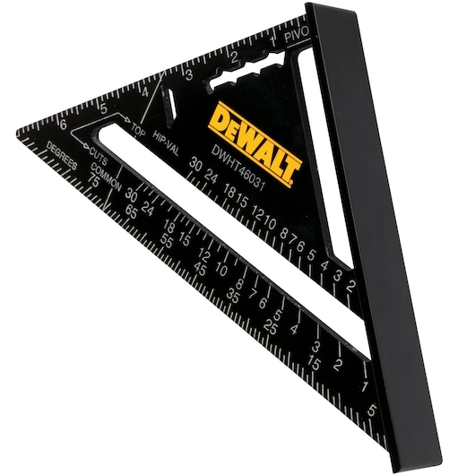 A close-up image of a DEWALT DWHT46031-0 black triangular rafter square featuring measurement markings and the DEWALT logo in yellow.