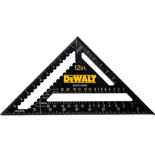 A DEWALT branded 12-inch black triangular carpenter's square, model DWHT46032-0, featuring measurement markings and scales along its edges and interior for angles and cuts.