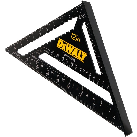 A black 12 inch DEWALT triangular rafter square with white measurement markings, model DWHT46032-0. The square features various scales and angles used for carpentry and measuring tasks.