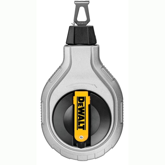 Front view of a DEWALT chalk line reel with a silver and black body and a yellow DEWALT-branded clip.