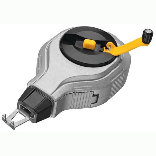 A DEWALT chalk line reel with a metallic body, black and yellow winding handle, used for marking straight lines in construction and carpentry.