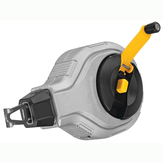 A DEWALT chalk line reel with a silver body, black side cover, and a yellow handle, shown against a white background.