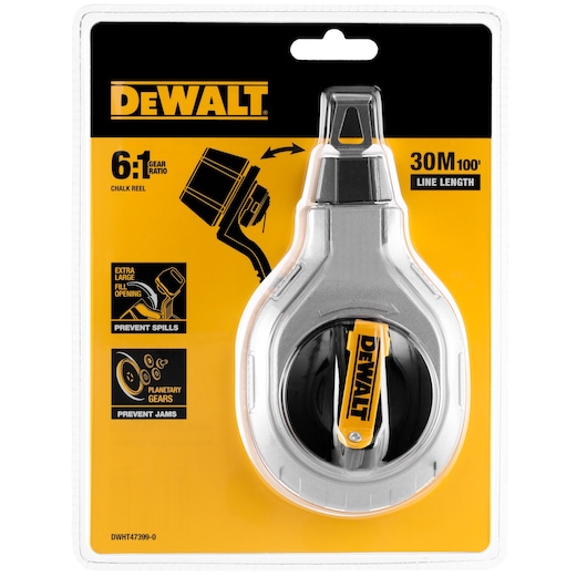 DEWALT chalk reel DWHT47399-0 in retail packaging, features a silver and black body with yellow DEWALT branding. The packaging highlights key features including a 6:1 gear ratio, 30 meter (100 feet) line length, extra large fill opening for preventing spills, and planetary gears for preventing jams.