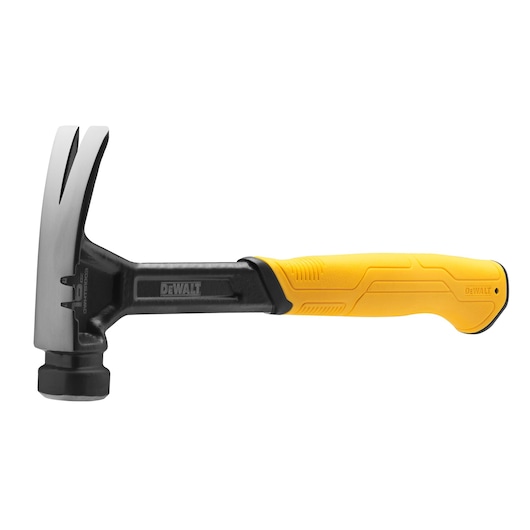 A DEWALT claw hammer with a yellow ergonomic handle and a metal head, designed for driving and removing nails.
