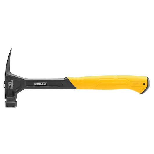 A DEWALT claw hammer with a black metal head and a yellow ergonomic handle, shown on a white background.