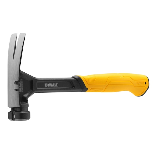 A DEWALT claw hammer with a yellow and black ergonomic handle, shown against a white background.