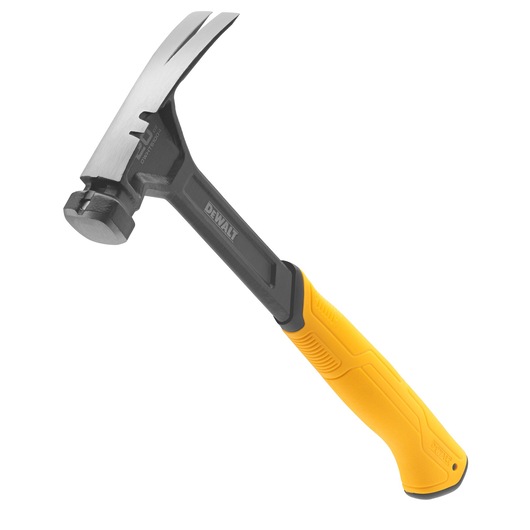 A DEWALT claw hammer with a black metal head and a yellow, ergonomic handle.