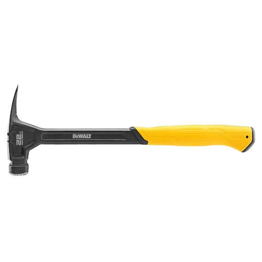 A DEWALT claw hammer with a black head and a yellow ergonomic handle, designed for striking and pulling nails.