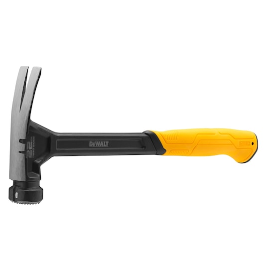 A DEWALT claw hammer with a yellow and black handle, shown in a side view on a white background.