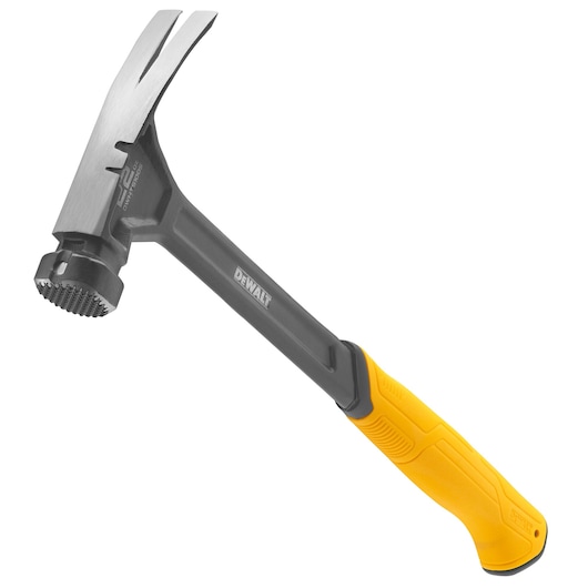 A DEWALT claw hammer with a yellow ergonomic handle and a black and silver metal head, designed for heavy-duty construction tasks.