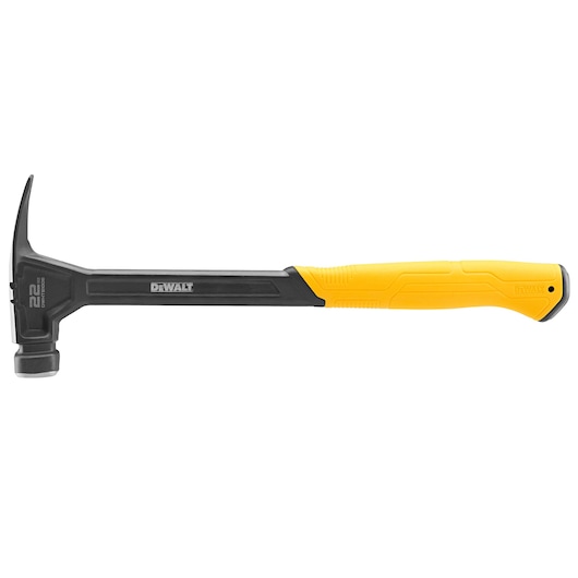 A DEWALT claw hammer with a black metal head and shaft, and a yellow ergonomic handle. The hammer is positioned horizontally with the claw on the left and the handle on the right.