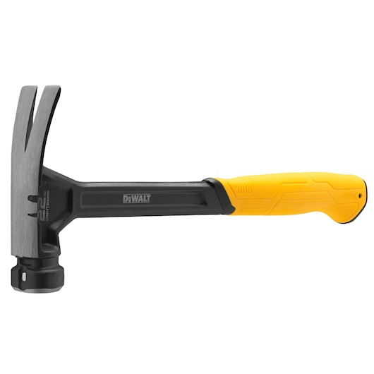 A DEWALT claw hammer with a black head and handle, featuring a yellow grip. The claw design is used for removing nails and the handle is ergonomically shaped.