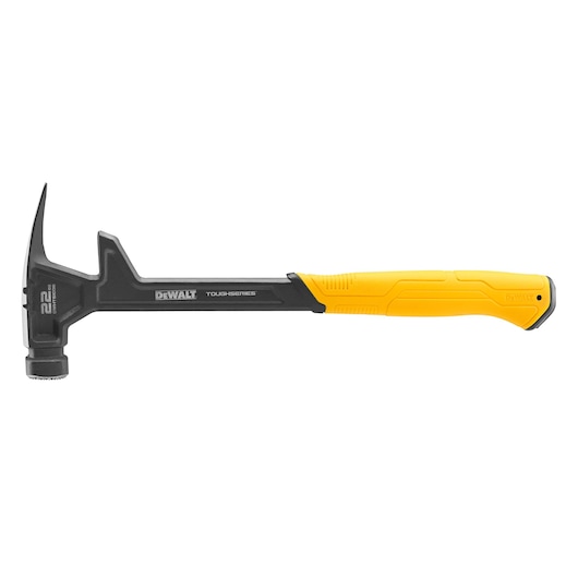 A DEWALT ToughSeries 22 oz hammer with a black head and shaft and a yellow ergonomic handle, designed for heavy-duty use.