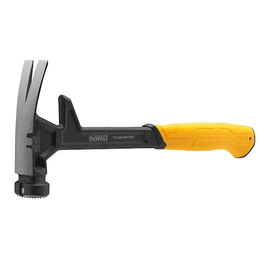 A DEWALT ToughSeries hammer with a yellow and black handle, featuring a claw head designed for both hammering and removing nails.