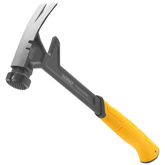 A DEWALT Tough Series claw hammer with a black and yellow handle, featuring a textured striking face and a curved claw for removing nails.
