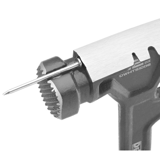 Close-up view of the head of a DEWALT claw hammer, model DWHT51008-0, showing the nail starter groove with a nail held in place.