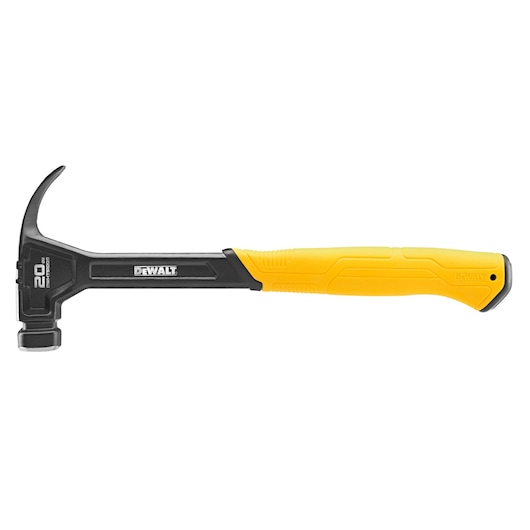 A DEWALT hammer with a black metal head and a yellow ergonomic handle, featuring a curved claw for removing nails. The handle is designed for comfort and durability.