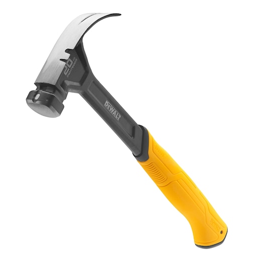 A DEWALT claw hammer with a black and yellow ergonomic handle, designed for professional and heavy-duty use.