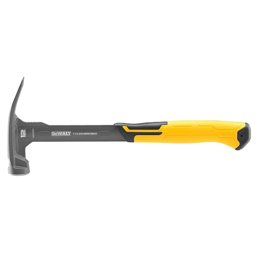 A DEWALT ToughSeries hammer with a black metal head and shaft, and a yellow and black ergonomic handle. The hammer features a claw design for pulling nails.