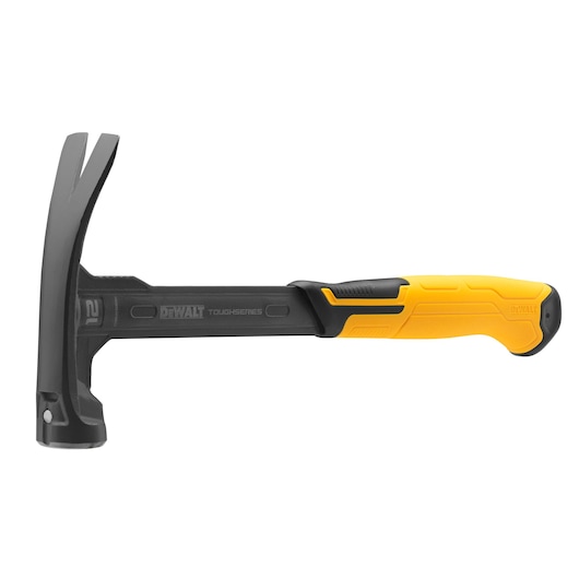 A DEWALT ToughSeries hammer with a black metal head and a yellow and black ergonomic handle, photographed on a white background.