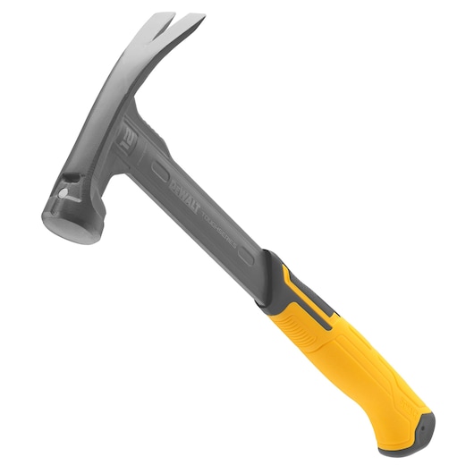 A DEWALT claw hammer with a gray metal head and a yellow and black ergonomic handle, shown against a white background.