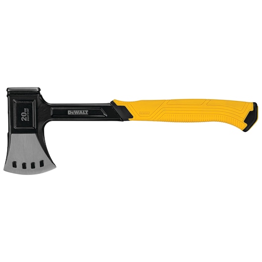 A DEWALT 20 oz hatchet with a black metal head and a yellow textured handle shown against a white background.
