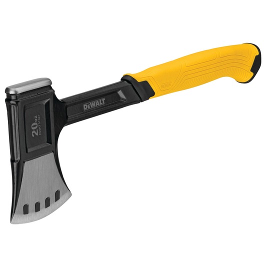 A DEWALT 20 oz hatchet with a black and yellow handle and a metal head, designed for cutting and splitting wood.