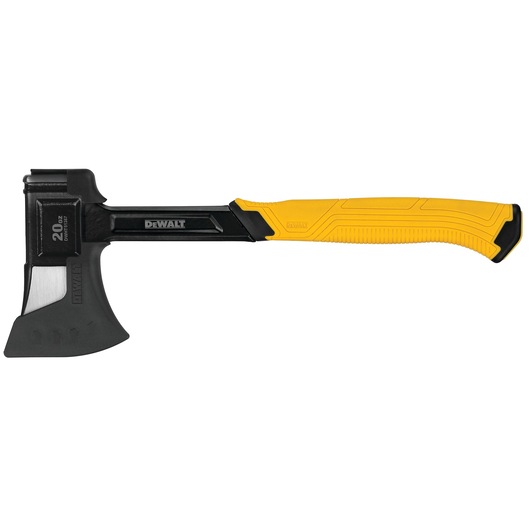 A DEWALT 20 oz axe with a black metal head and blade, and a black and yellow ergonomic handle, shown on a white background.