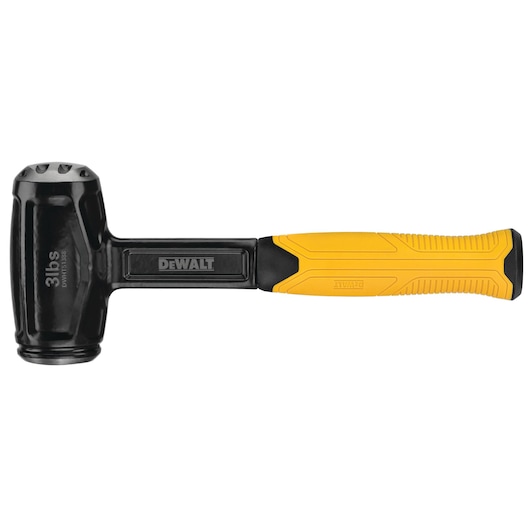 A DEWALT black and yellow dead blow hammer with a 3 lbs head, featuring a textured grip handle.