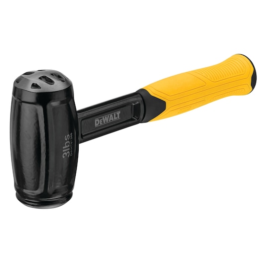A DEWALT 3 lb black sledgehammer with a yellow and black ergonomic handle, model DWHT51388-0, shown against a white background.