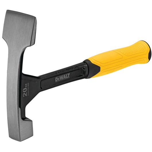 A DEWALT 20 oz forged steel hammer with a yellow and black ergonomic handle. The tool is shown from the side, highlighting its robust construction and flat striking surface.