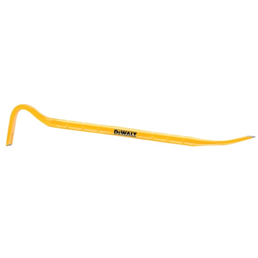 A yellow DEWALT wrecking bar with a curved claw at one end and a pointed tip at the other, used for demolition and prying tasks.
