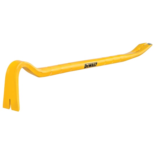 A yellow DEWALT pry bar with angled ends and a textured grip, designed for demolition and removal tasks.