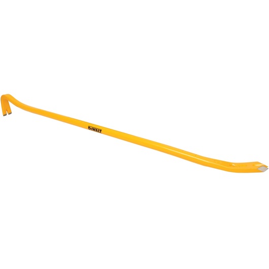 A yellow DEWALT crowbar with a curved claw on one end and a flat prying edge on the other, designed for demolition and prying tasks.