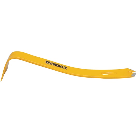 A yellow DEWALT pry bar tool with a curved end and flat, angled tip, designed for demolition and prying tasks.