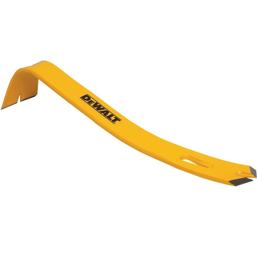 A yellow DEWALT pry bar with angled ends, used for removing nails and prying objects, shown against a white background.
