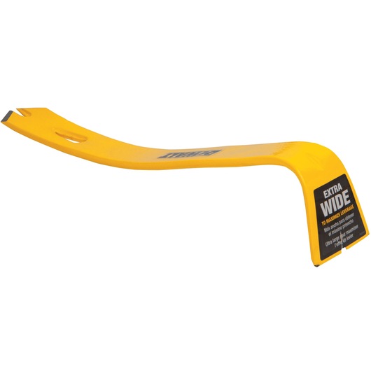A yellow DEWALT extra wide pry bar with a curved design, used for maximizing leverage in demolition and construction tasks. The bar has a flat end for prying and a labelled sticker indicating its extra wide feature.