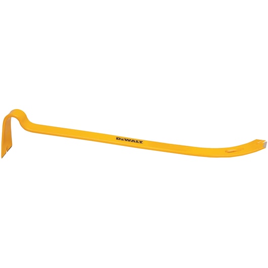 A yellow DEWALT wrecking bar with a curved end and a flat prying edge, designed for demolition and removal tasks.