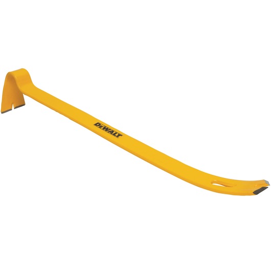 A yellow DEWALT demolition bar with a curved end and flat claw, designed for prying and pulling nails.