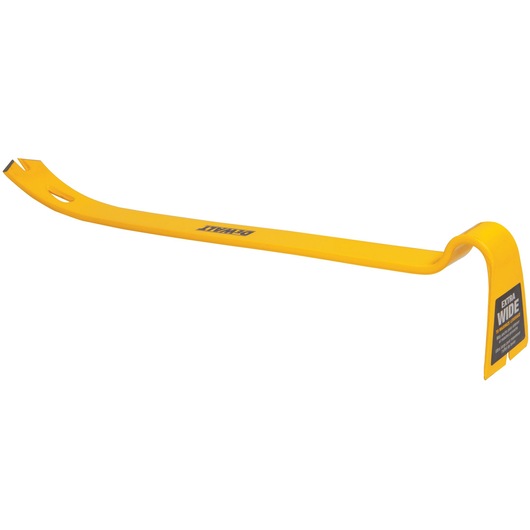 A yellow DEWALT pry bar with a curved end and a flat, extra wide tip, used for demolition and removing nails or panels.
