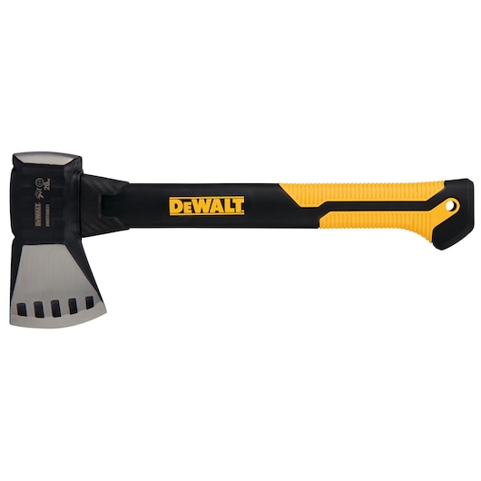 A DEWALT hand axe with a black and yellow ergonomic handle and a heavy-duty steel head, shown against a white background.