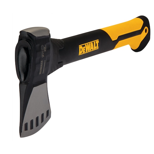 A DEWALT hand axe with a black and yellow handle, showing the DEWALT logo. The axe head has a sharp cutting edge and vented slots near the blade.