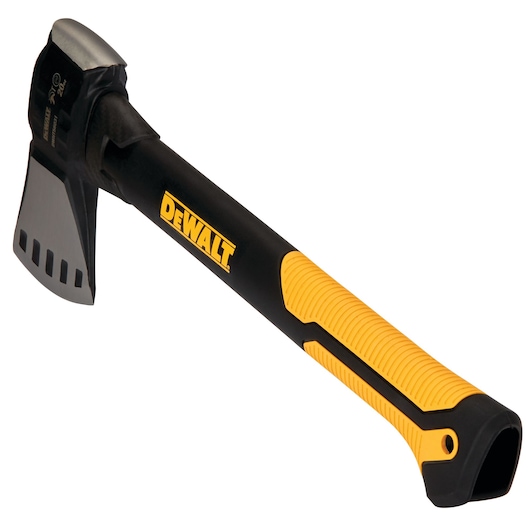 A DEWALT hand axe with a black and yellow handle and a steel blade, pictured against a white background.