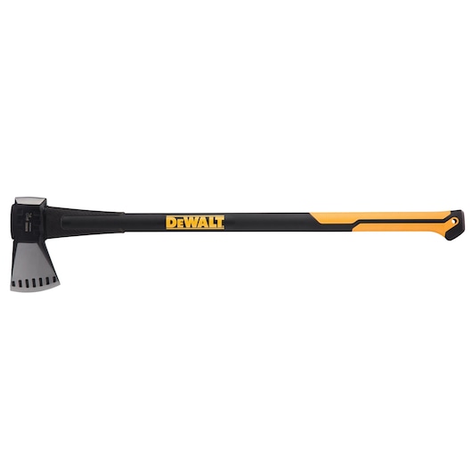 A DEWALT-branded splitting axe with a black and yellow handle and a metal blade, shown against a white background.